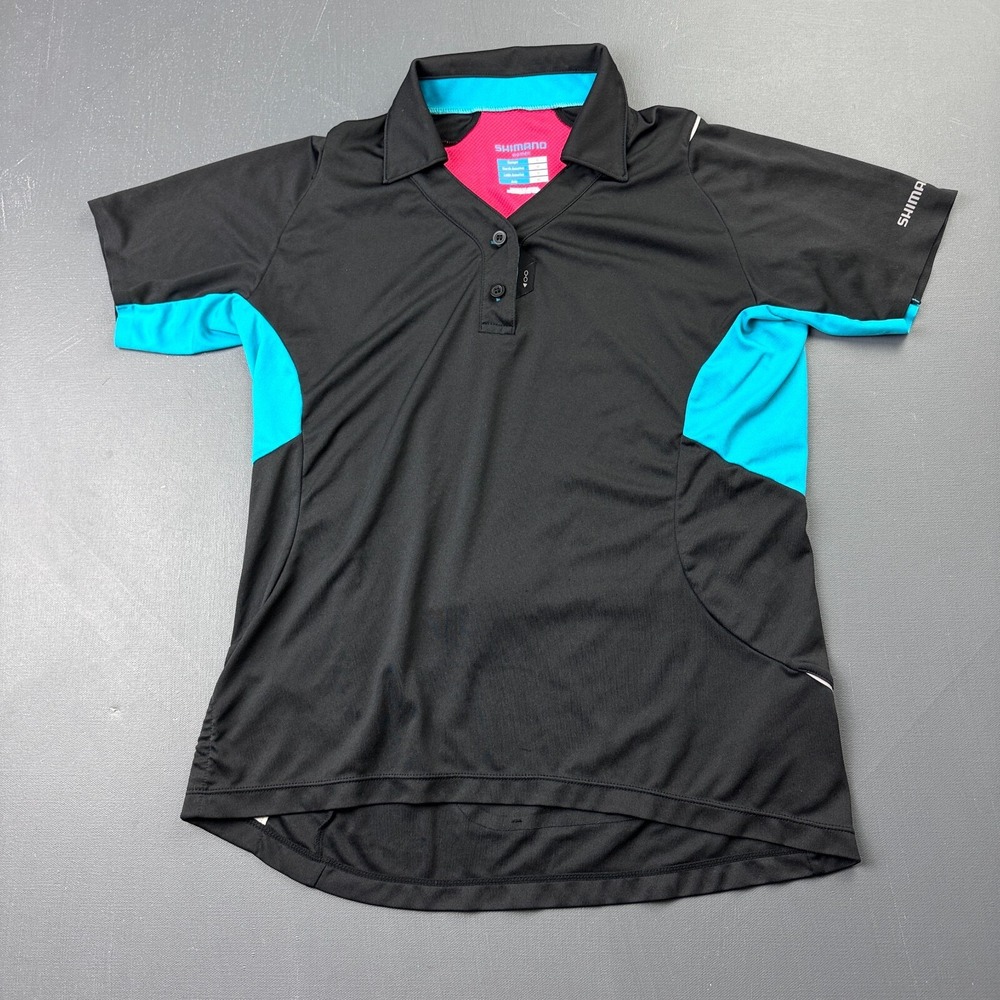 Shimano Cycling Polo Shirt Women's Medium Black Blue Wicktex Moisture Wicking